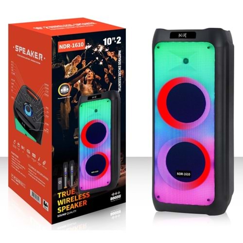 NDR NDR1610 Çift Karaoke Mikrofonlu Bluetooth Hoparlör FM Radyo 2x10 İnç RGB Kumandalı Siyah