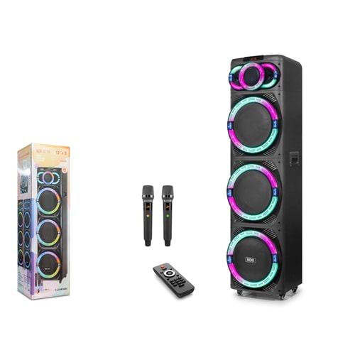NDR NDR3270 Çift Karaoke Mikrofonlu Bluetooth Hoparlör FM Radyo 3x12 İnç RGB Kumandalı Siyah