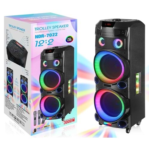 NDR NDR7022 Çift Karaoke Mikrofonlu Bluetooth Hoparlör FM Radyo 2x12 İnç RGB Kumandalı Siyah