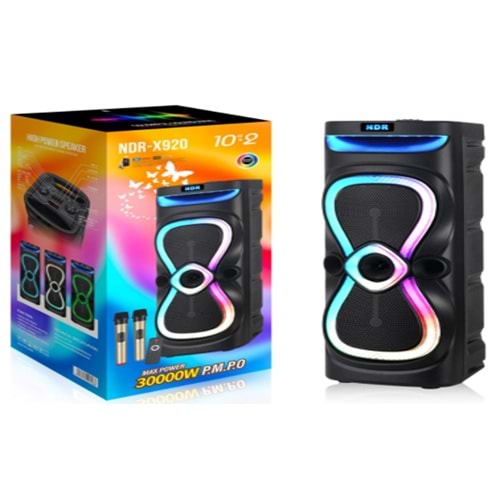 NDR NDRX920 Çift Karaoke Mikrofonlu Bluetooth Hoparlör FM Radyo 40W 2x10 İnç RGB Kumandalı Siyah