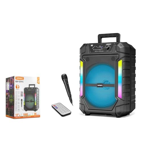 KIMISO QS1231C Karaoke Mikrofonlu Bluetooth Hoparlör FM Radyo 20W 12 İnç RGB Kumandalı Siyah