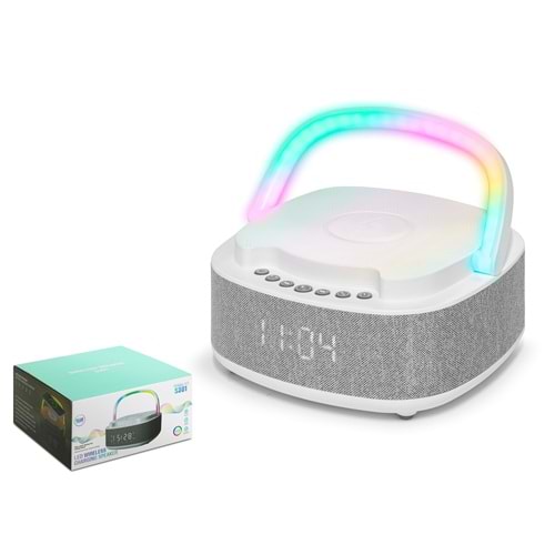 HADRON S301 Bluetooth Masaüstü Hoparlör 15W TWS FM Radyo USB TF Qi Kablosuz Şarjlı Saatli RGB Beyaz