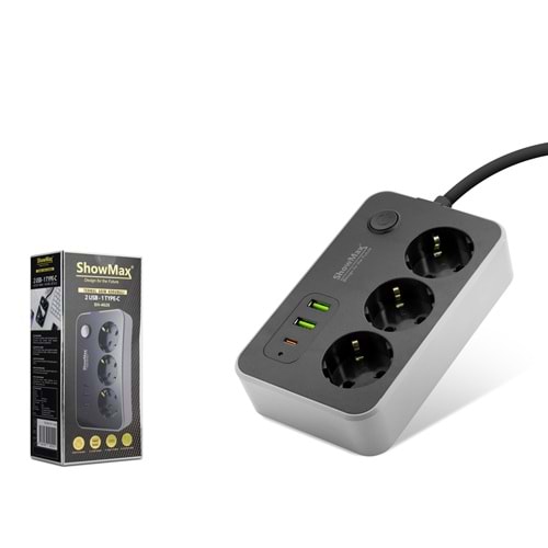 SHOWMAX SH4626 Termal Akım Korumalı Uzatma Kablosu 3 Priz 2 USB Type-C Anahtarlı 2 m Siyah