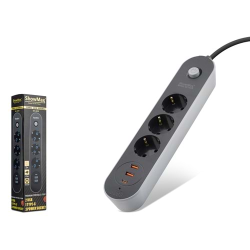 SHOWMAX SH4628 Termal Akım Korumalı Uzatma Kablosu 3 Priz 2 USB Type-C Anahtarlı 2 m Siyah