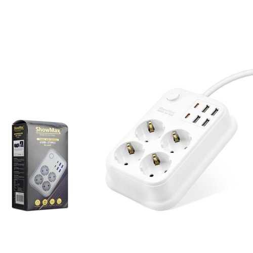 SHOWMAX SH4629 Topraklı Termal Akım Korumalı Uzatma Kablosu Anahtarlı 4 Priz 4 USB 2 Type-C 2 m Beyaz