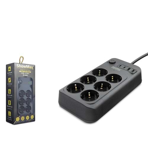 SHOWMAX SH4630 Termal Akım Korumalı Uzatma Kablosu 6 Priz 2 USB 2 Type-C Anahtarlı 2 m Siyah