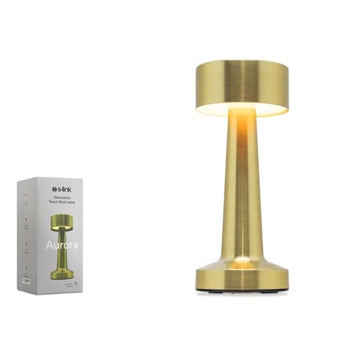 S-LINK SL-M9066 Aurora Dokunmatik Dekoratif Masa Lambası USB Şarjlı 1800 mAh 60 Lümen 3 Renk Gold