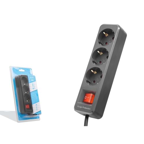 S-LINK SPG3X3 Akım Korumalı Uzatma Kablosu 3 Priz Anahtarlı 1.5 m Siyah