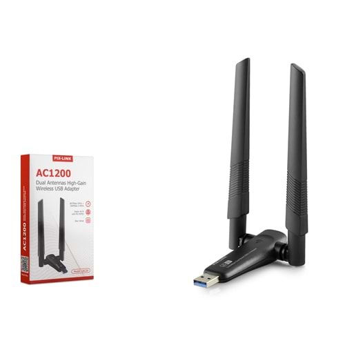 PIXLINK UAC20 USB WiFi Adaptörü AC1200 Dual Band 5 GHz WiFi 5 Siyah