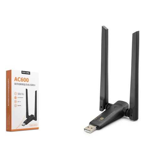 PIXLINK UAC21D USB WiFi Bluetooth Adaptörü AC600 Dual Band 5 GHz WiFi 5 BT 4.2 Siyah