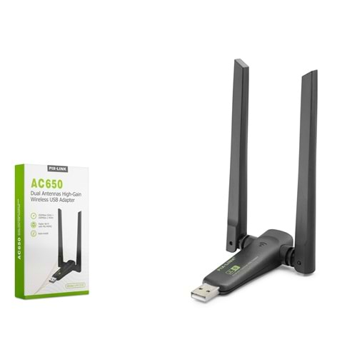 PIXLINK UAC23D USB WiFi Adaptörü AC650 Dual Band 5 GHz WiFi 5 Siyah