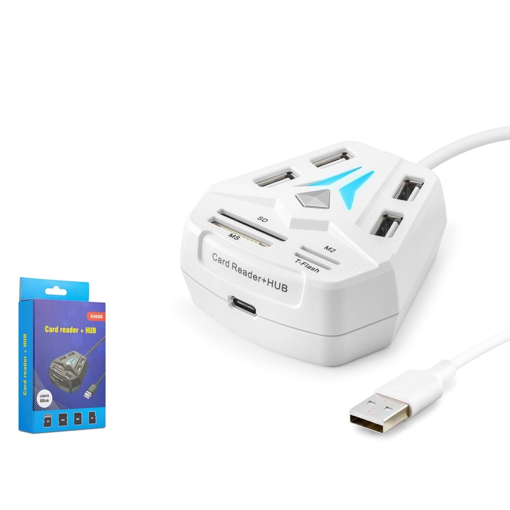 HADRON A068W USB Combo Hub Kart Okuyucu 8 Port Beyaz