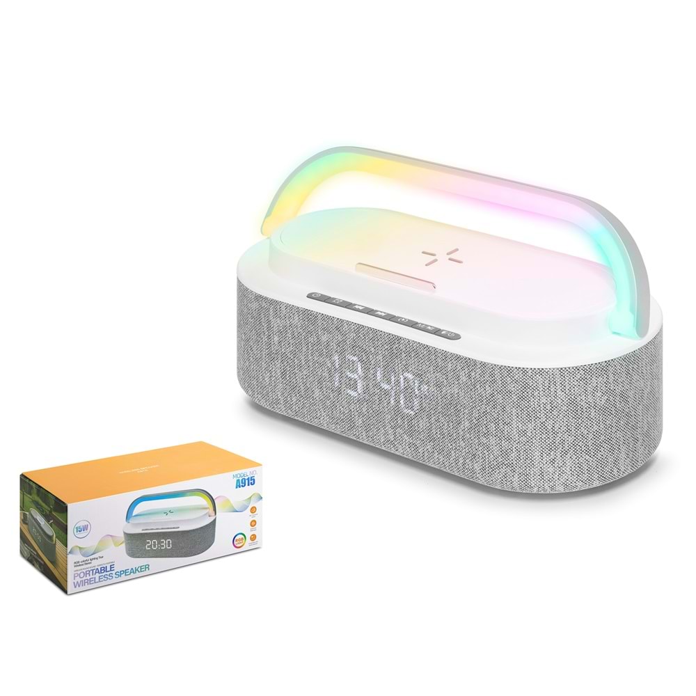 HADRON A915 Bluetooth Hoparlör FM Radyo 15W TWS USB TF Qi Kablosuz Şarjlı Saatli RGB - Beyaz