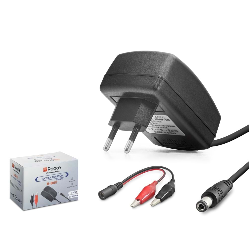 PEACE B5057 Akü Şarj Adaptörü 12V 2.5A 30W Krokodil Uç Siyah