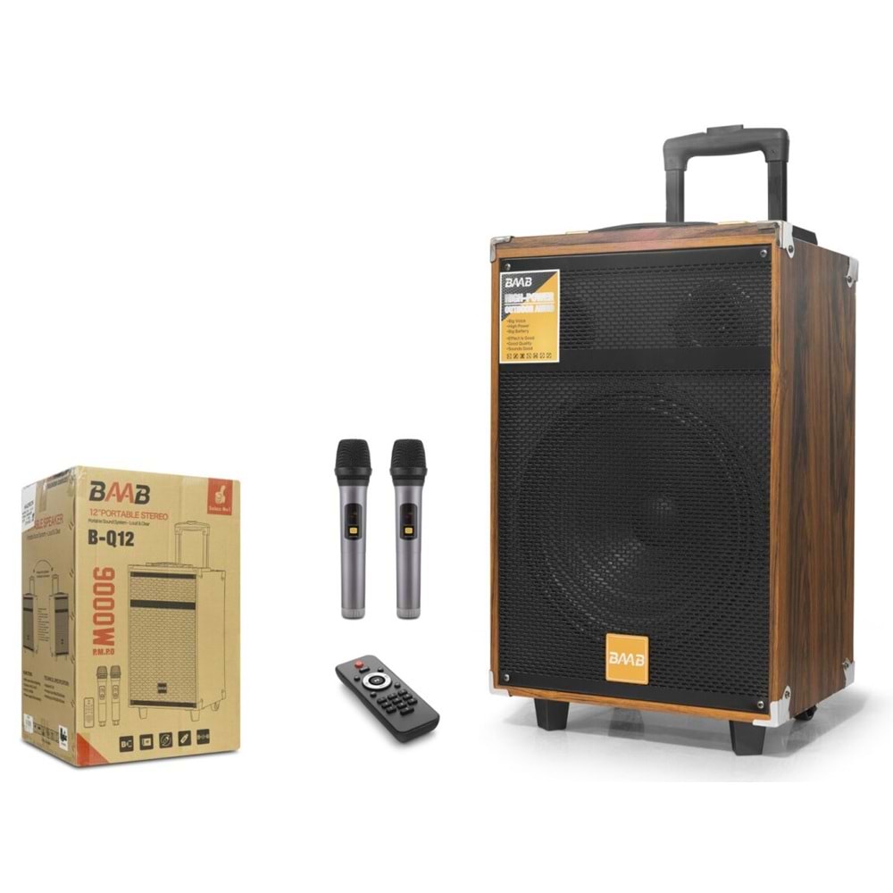 BAAB BQ12 Çift Karaoke Mikrofonlu Bluetooth Hoparlör FM Radyo 12 İnç Kumandalı Ahşap