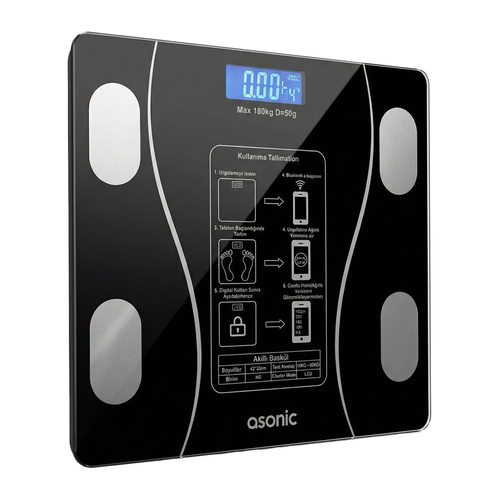 ASONIC BS260S Bluetooth Dijital Baskül 180 kg Cam Yüzey 2 AAA Pil Siyah