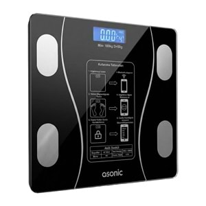 ASONIC BS260S Bluetooth Dijital Baskül 180 kg Cam Yüzey 2 AAA Pil Siyah