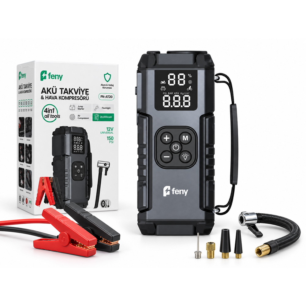 FENY FNAT20 20000 mAh 5V 3A Akü Takviye Cihazı Hava Kompresörlü Powerbank Siyah