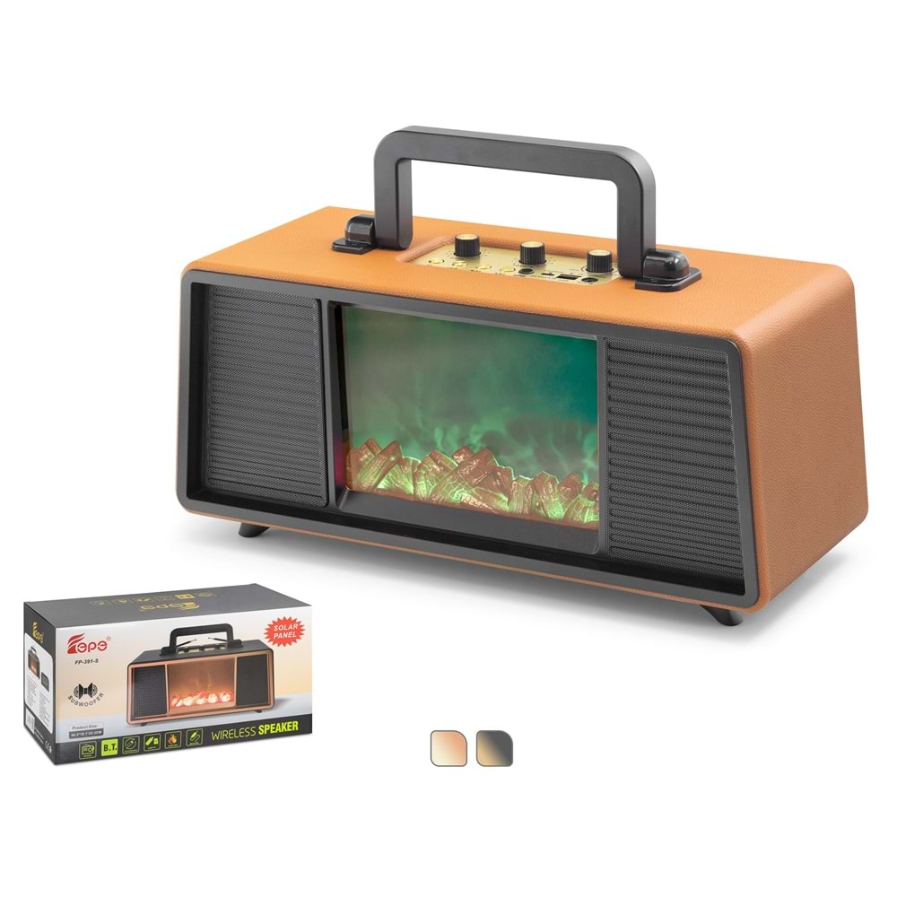 HADRON FP391S Bluetooth Nostaljik Hoparlör FM RGB Alev Efektli Solar Panelli - Kahverengi