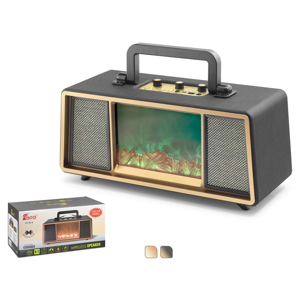 HADRON FP392S Bluetooth Nostaljik Hoparlör FM RGB Alev Efektli Solar Panelli - Siyah