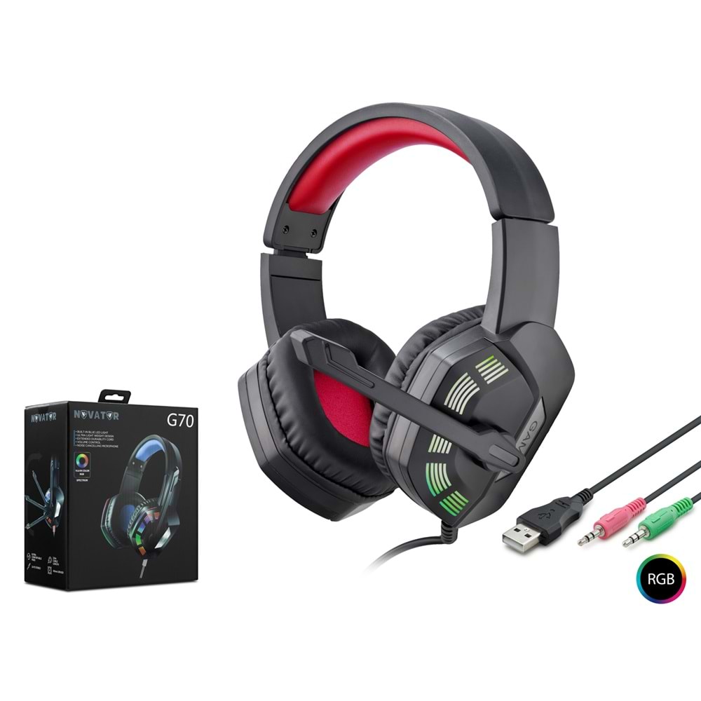 NOVATOR G70 Kablolu RGB Gaming Kulaklık Mikrofonlu USB + 2× 3.5 mm - Siyah Kırmızı