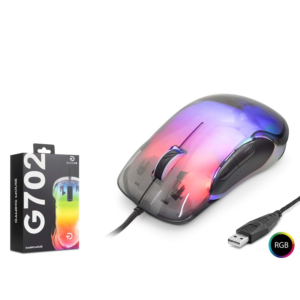 Nodar G702 RGB Oyuncu Mouse – Kablolu Gaming Mouse – 7200 DPI, 6 Tuş, 1000Hz (Kristal)
