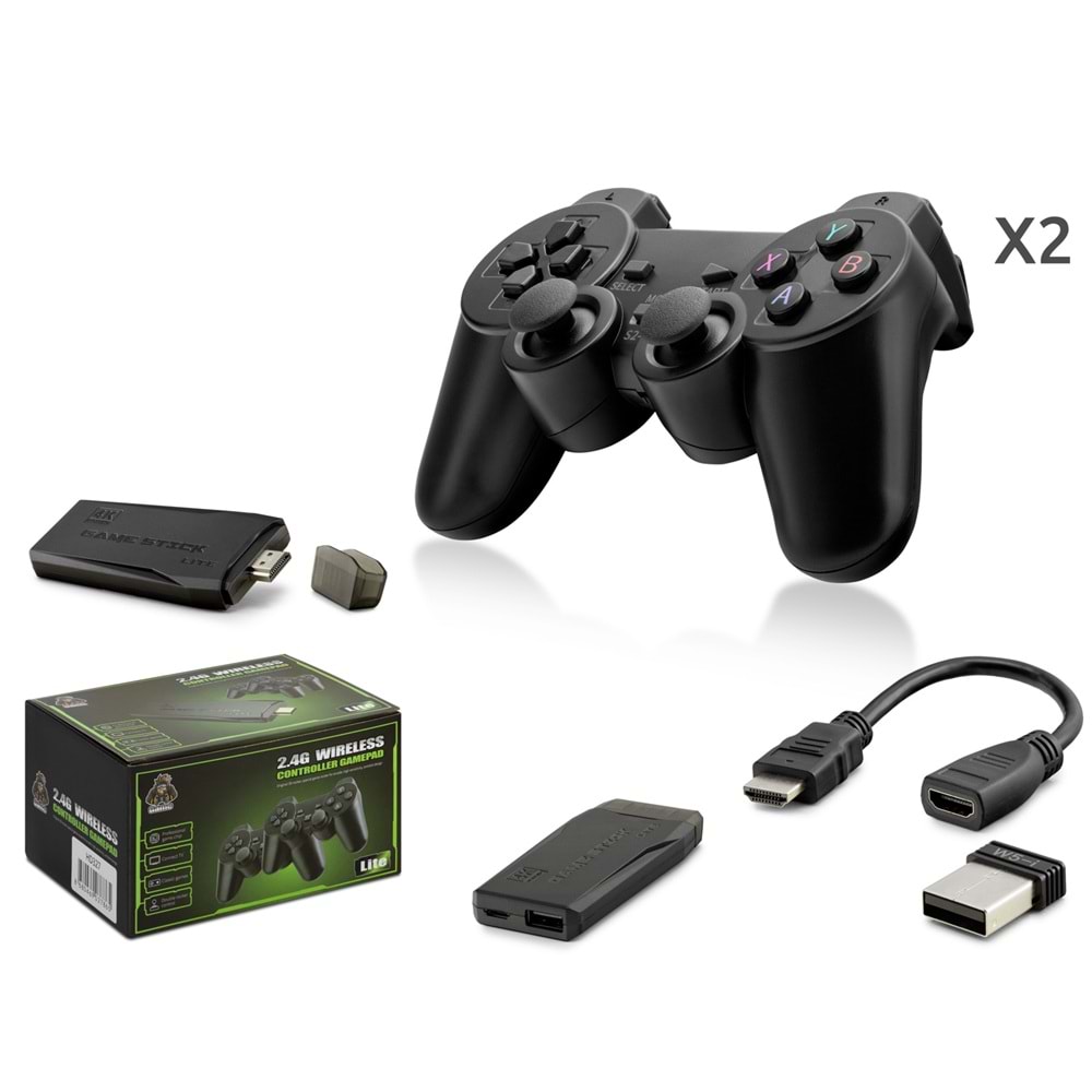 HADRON HD327 Retro Oyun Stick HDMI Çift GamePad Seti 2.4G Kablosuz 64GB Siyah