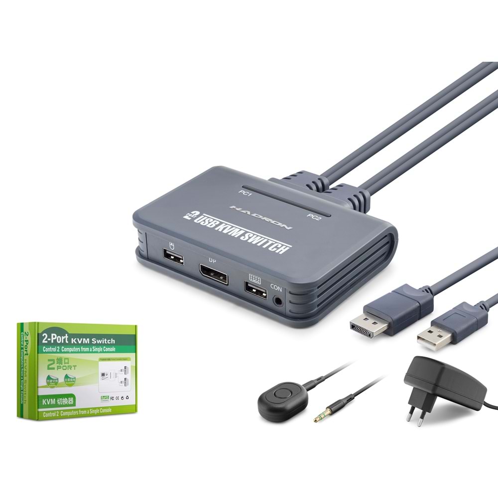HADRON HDX1427 DisplayPort USB KVM Switch 2 Port DP 2 Port USB Dahili Kablolu Siyah