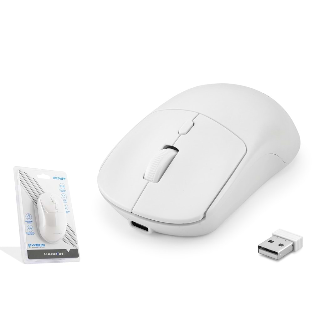 HADRON HDX3415W Dual Mode Şarjlı Kablosuz Mouse 2.4 GHz Bluetooth 5.0 4000 DPI Beyaz