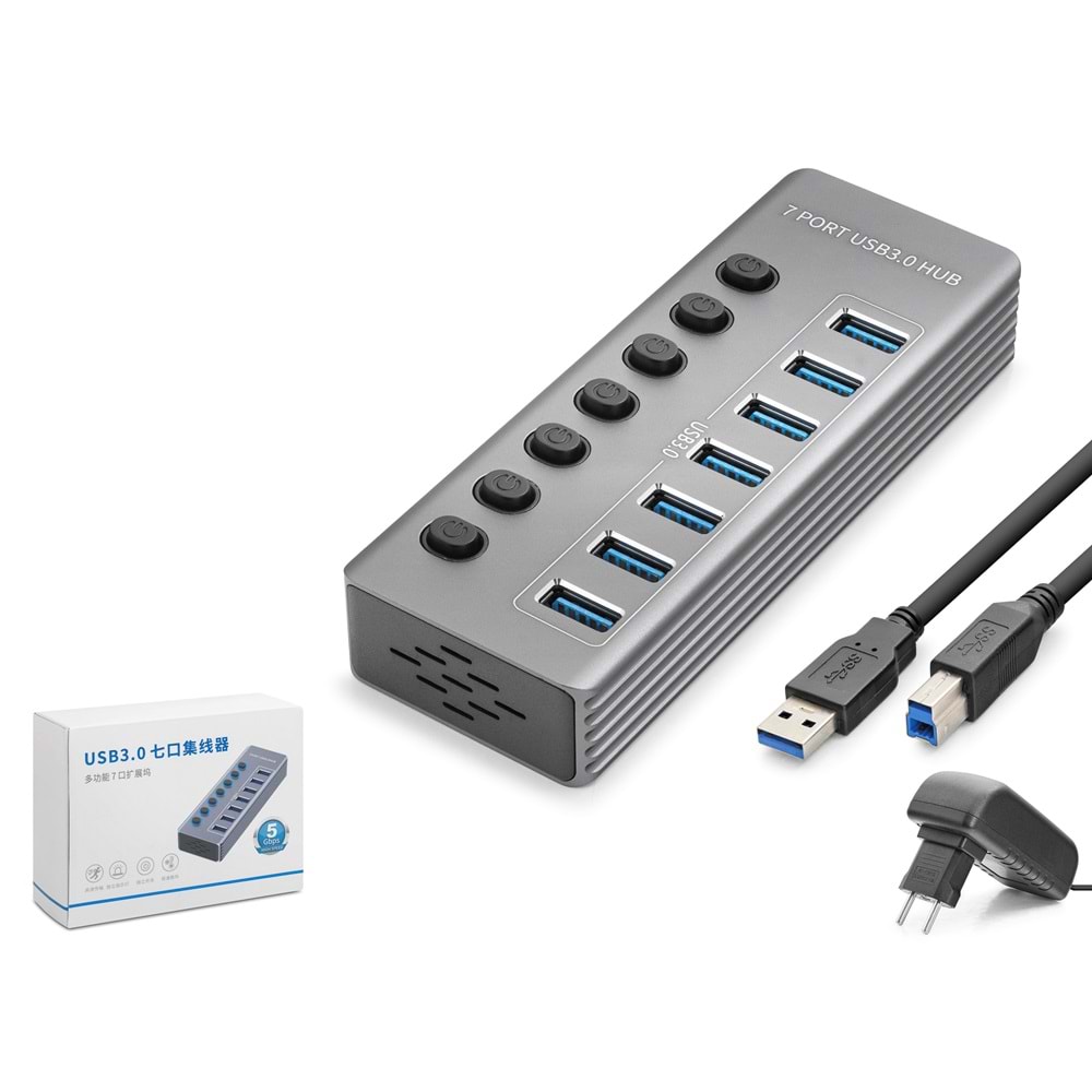 Hadron Hdx7047 Usb Hub 3.0 7*Usb 7*Anahtarlı 5Gbps High Speed 7in1 Gri
