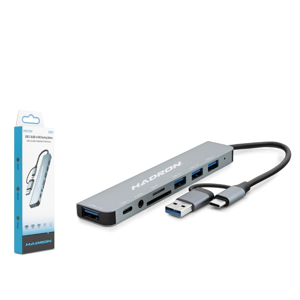 Hadron Hdx7828 Type-C Hub Combo 3*Usb3.0 + Usb + Type-C + Audio + Sd + Tf 8In1 Gri