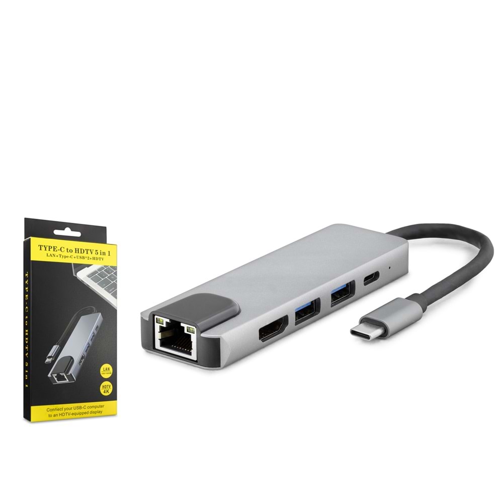 Hadron Hdx7831 Type-C Hdtv Combo Hdmi 4K 30Hz + Type-C + 2*Usb3.0 + Lan 5In1 Gri