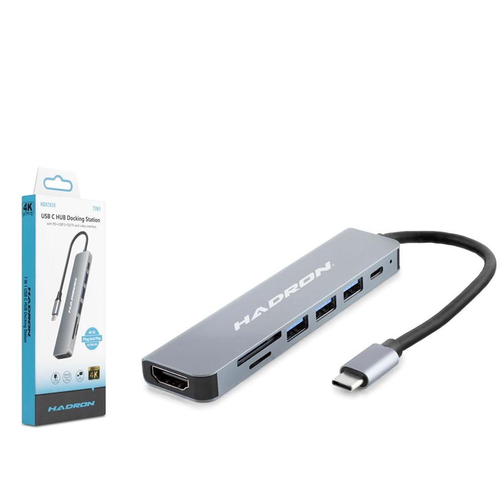 Hadron Hdx7835 Type-C Hdtv Combo Hdmi 4K 30Hz 3*Usb3.0 + Sd + Tf 7In1 Gri