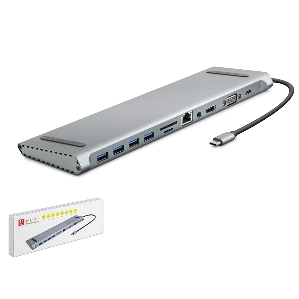 Hadron Hdx7854 Type-C Hdtv Combo Type-C + Hdmi 4K 30Hz + 4*Usb3.0 + Vga + Audio + Lan + Tf + Sd 11In1 Gri