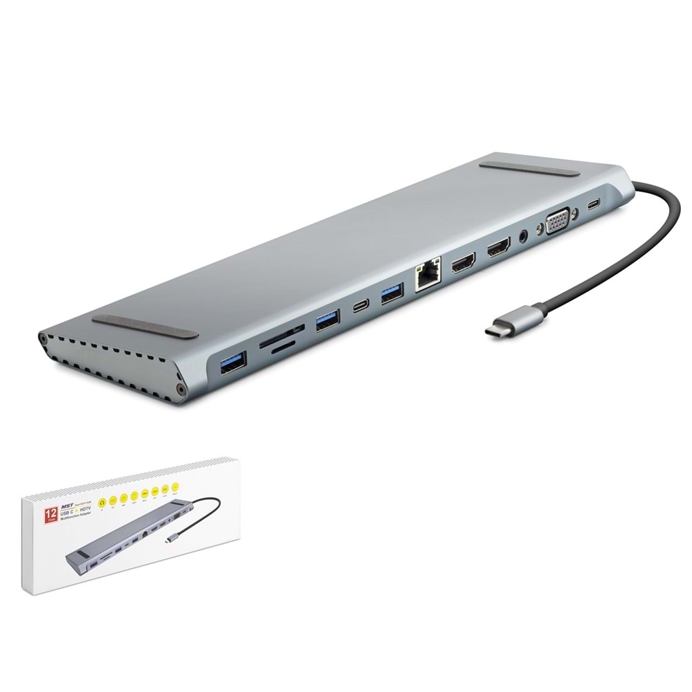 Hadron Hdx7855 Type-C Hdtv Combo 2*Type-C + 2*Hdmi 4K 30Hz + 3*Usb3.0 + Vga + Audio + Lan + Tf + Sd 12In1 Gri