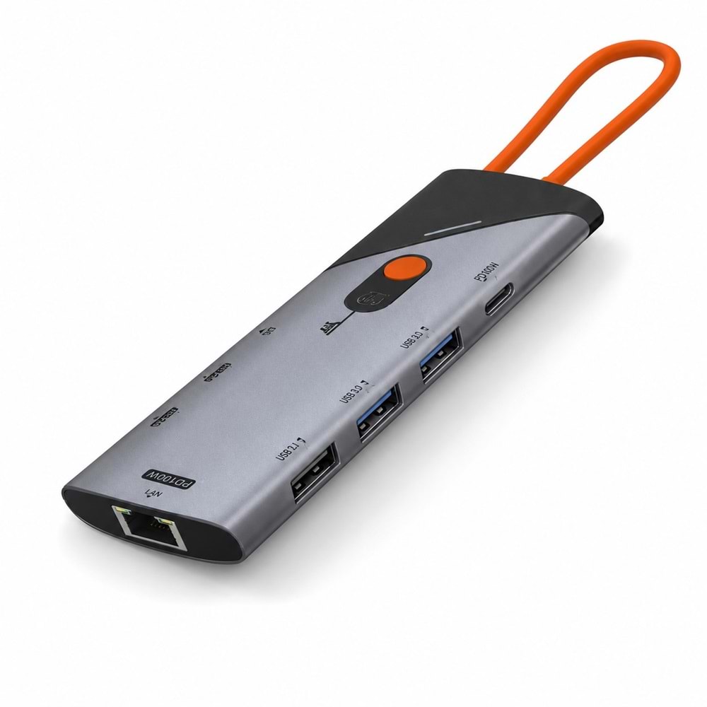 HADRON HDX7878 Type-C Combo Hub HDMI DP PD LAN Kart Okuyucu 9 Port Gri