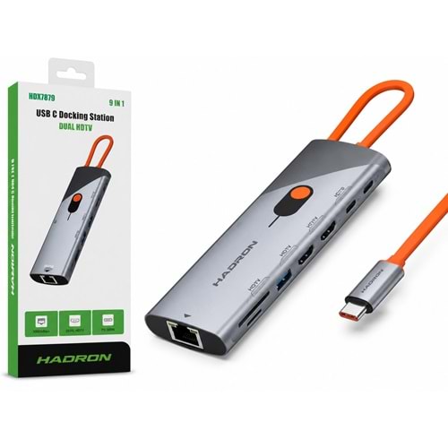 HADRON HDX7879 Type-C Combo Hub Dual HDMI PD LAN Kart Okuyucu 9 Port Gri