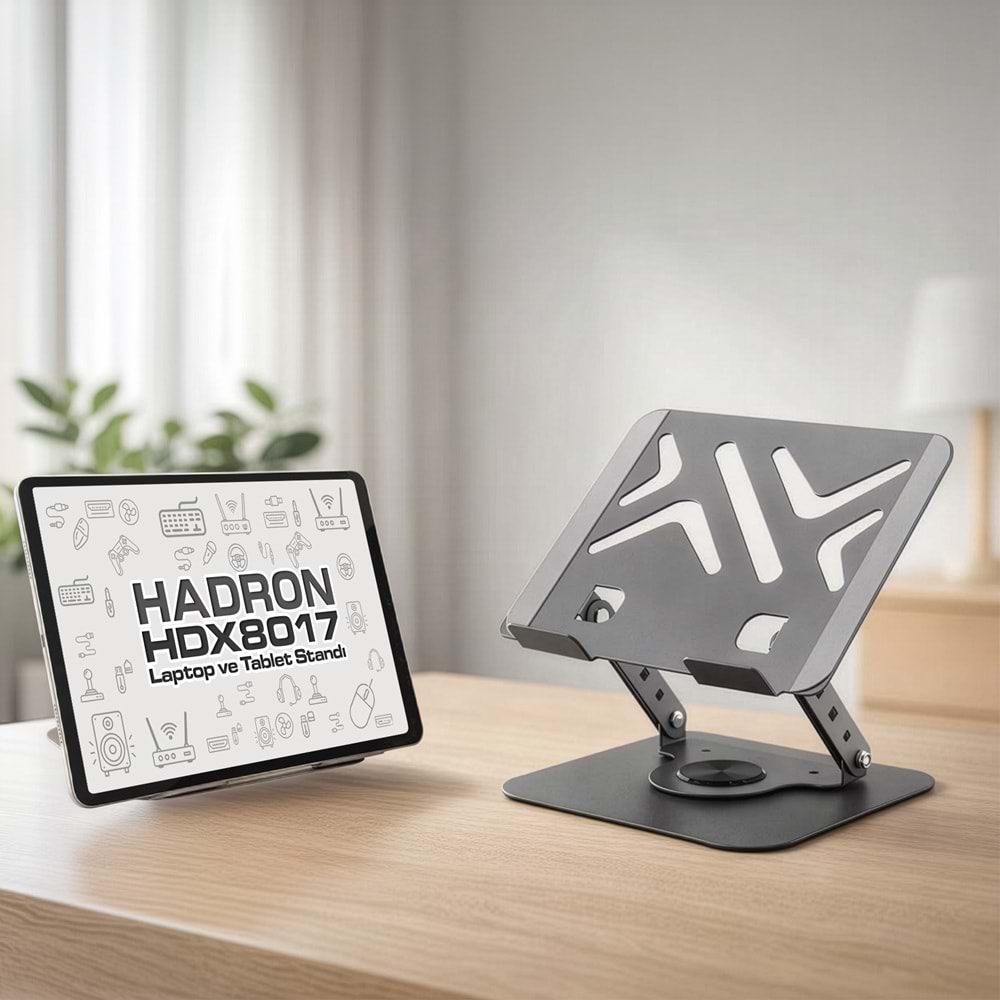 HADRON HDX8017 Laptop ve Tablet Standı 360° Döner Karbon Çelik Silikon Kaymaz 13-17.3 İnç Gri