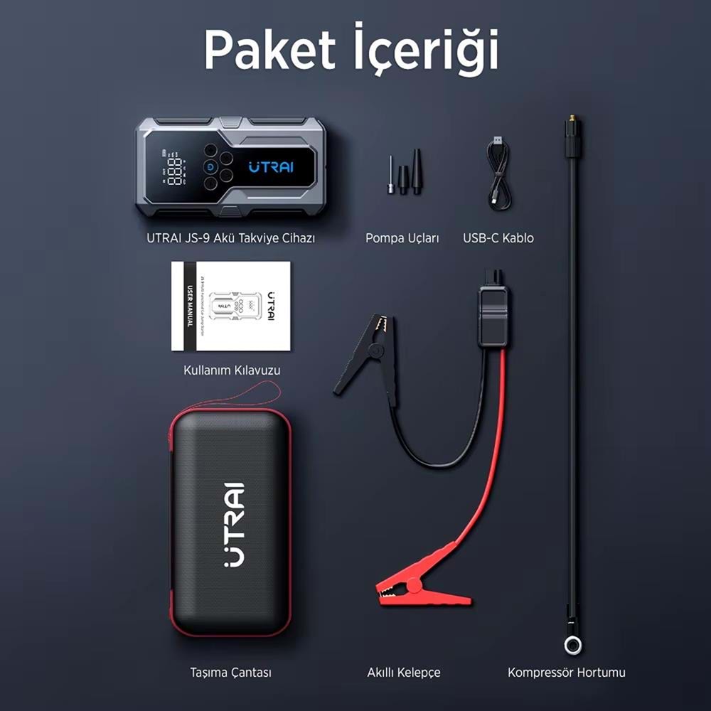ÜTRAI JS9 15000 mAh Akü Takviye Cihazı Hava Kompresörlü Powerbank Siyah