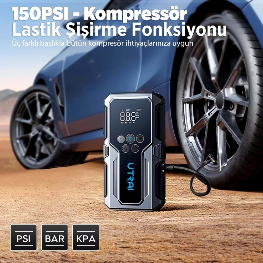 ÜTRAI JS9 15000 mAh Akü Takviye Cihazı Hava Kompresörlü Powerbank Siyah