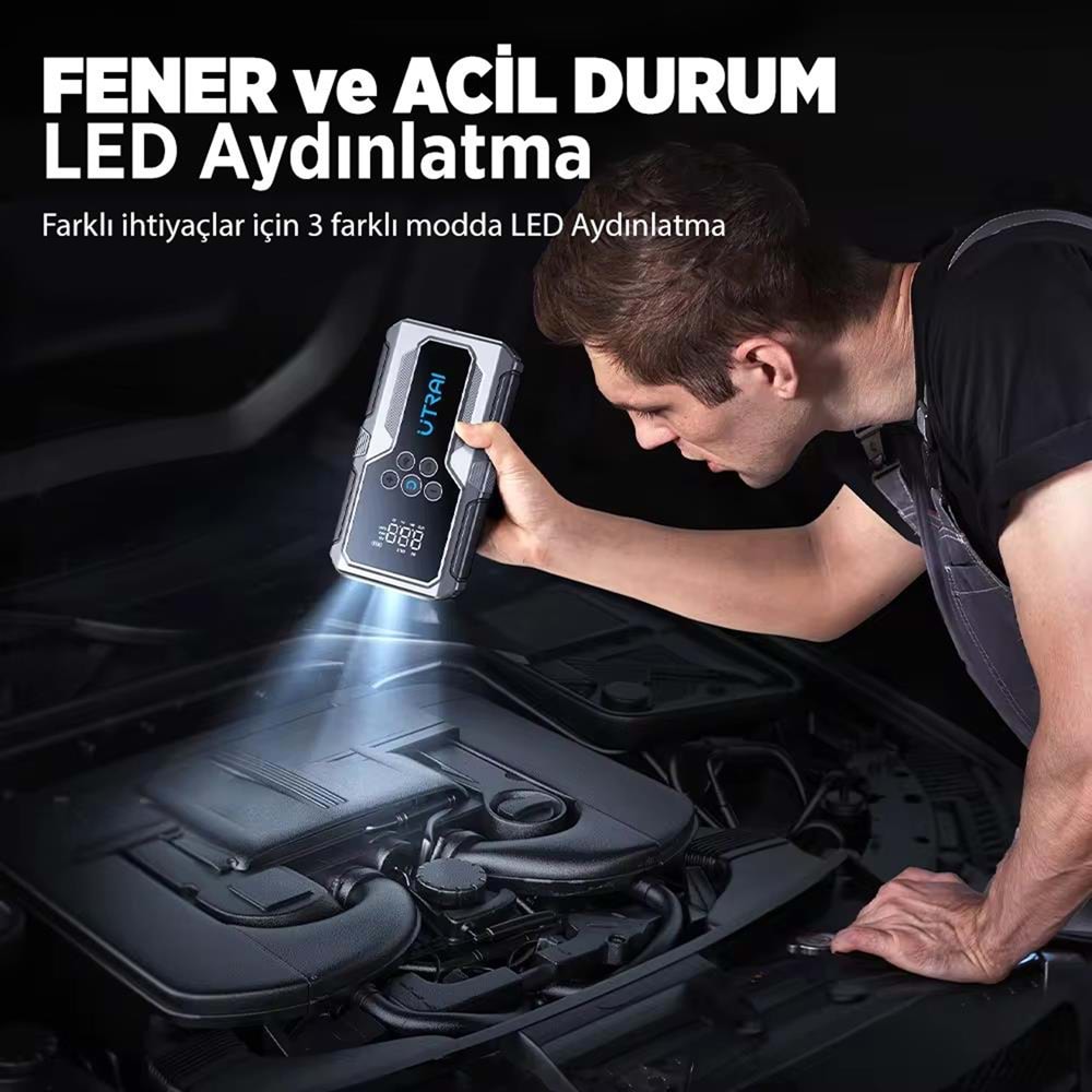 ÜTRAI JS9 15000 mAh Akü Takviye Cihazı Hava Kompresörlü Powerbank Siyah