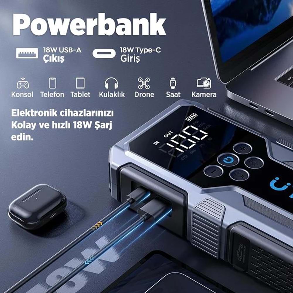 ÜTRAI JS9 15000 mAh Akü Takviye Cihazı Hava Kompresörlü Powerbank Siyah