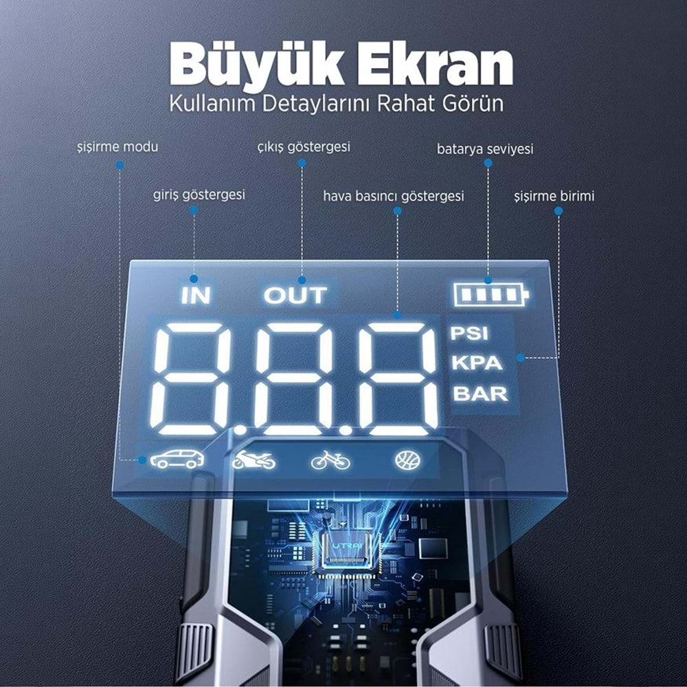 ÜTRAI JS9 15000 mAh Akü Takviye Cihazı Hava Kompresörlü Powerbank Siyah