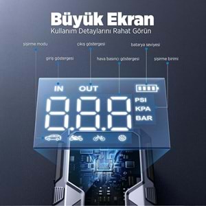 ÜTRAI JS9 15000 mAh Akü Takviye Cihazı Hava Kompresörlü Powerbank Siyah