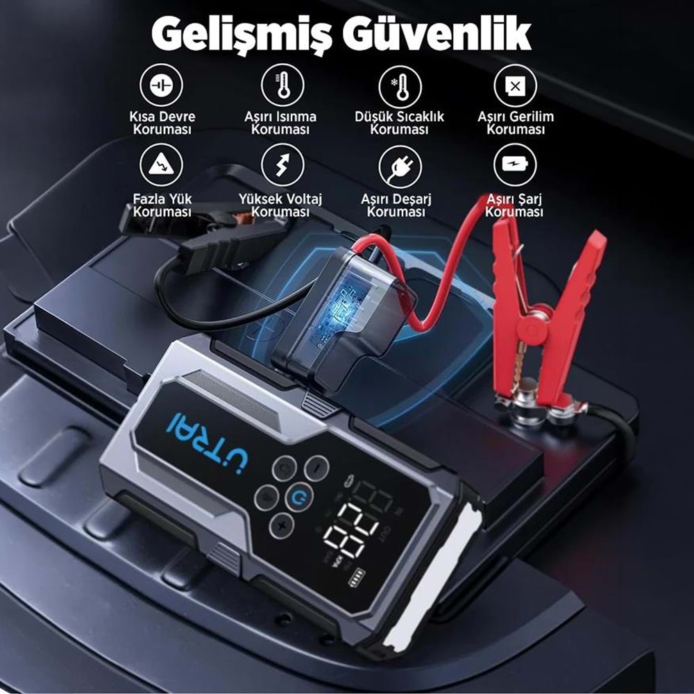 ÜTRAI JS9 15000 mAh Akü Takviye Cihazı Hava Kompresörlü Powerbank Siyah