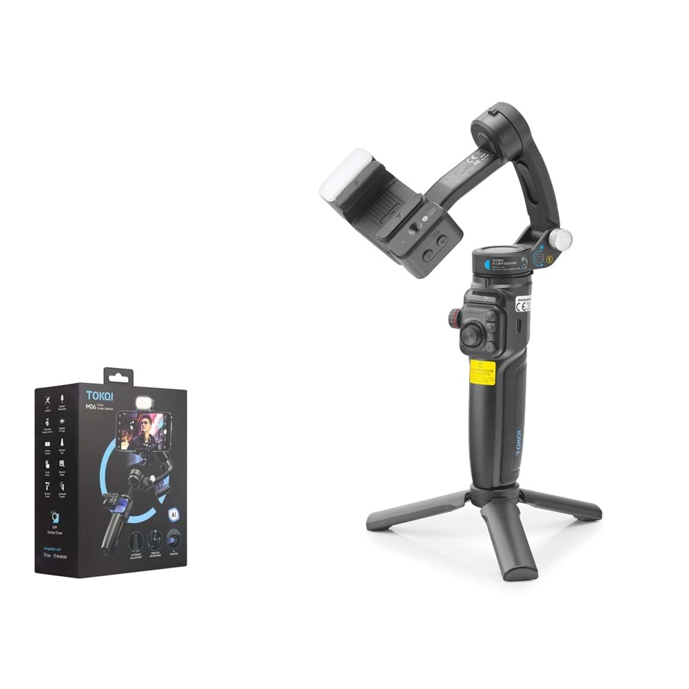 TOKQI M06 3 Eksenli Gimbal Selfie Çubuğu AI Takipli Işıklı Mikrofonlu Bluetooth Tripod Siyah