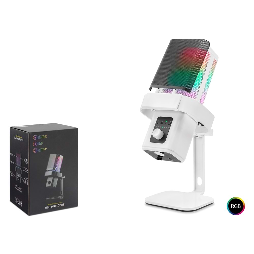 Hadron M6 Profesyonel Masaüstü RGB Gaming Mikrofon - 192kHz/24Bit USB ve Type-C Beyaz