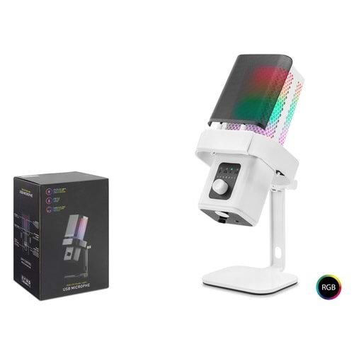 Hadron M6 Profesyonel Masaüstü RGB Gaming Mikrofon - 192kHz/24Bit USB ve Type-C Beyaz