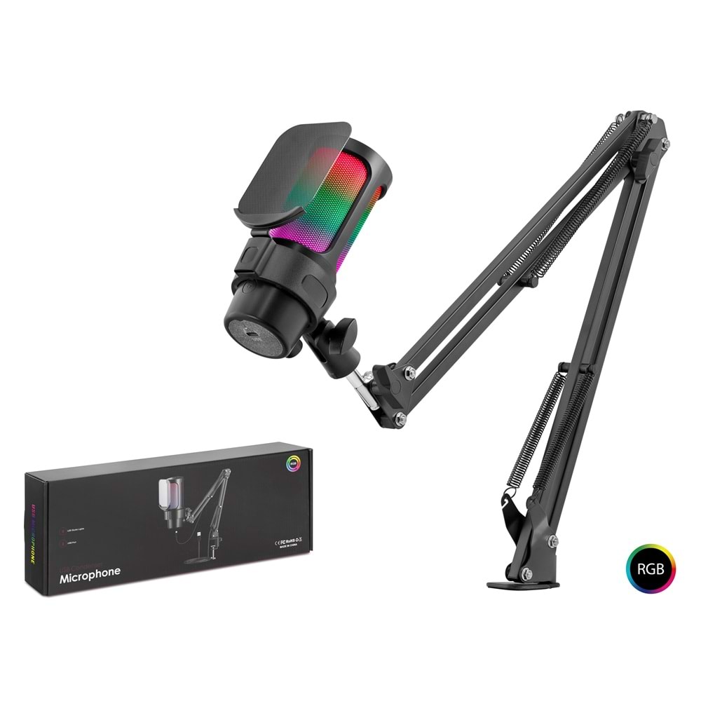 Hadron M835 Profesyonel Ayarlanabilir Masa Kolu Askılı RGB Gaming Mikrofon - 192kHz/24Bit USB Type-C Siyah