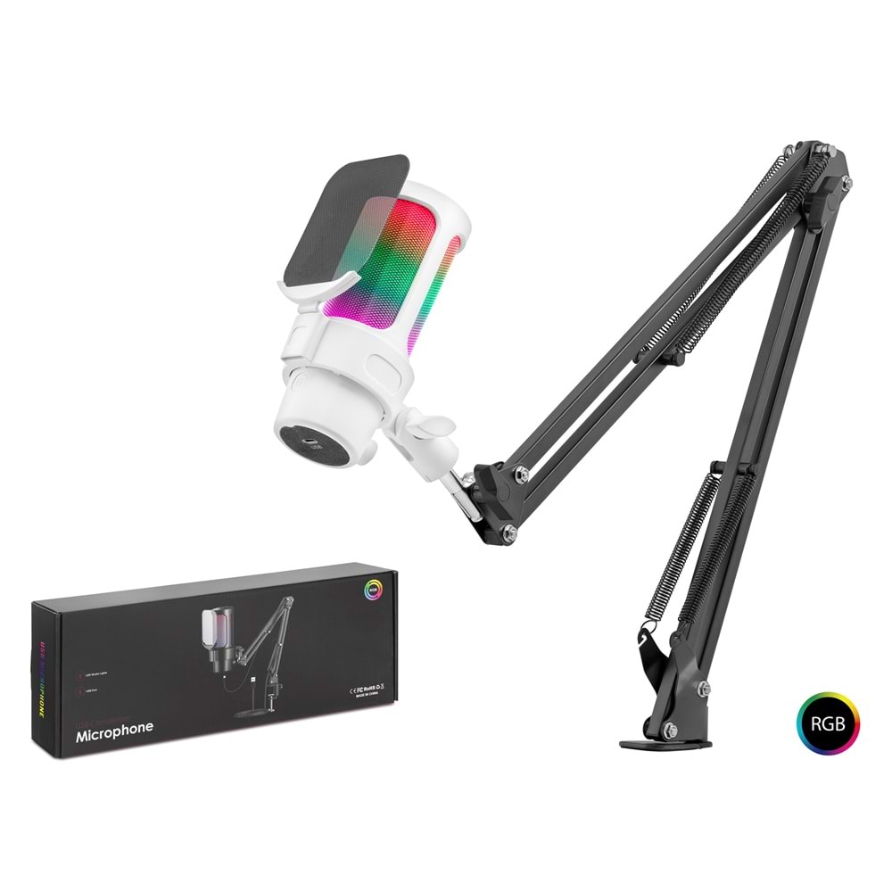 Hadron M835 Profesyonel Ayarlanabilir Masa Kolu Askılı RGB Gaming Mikrofon - 192kHz/24Bit USB Type-C Beyaz